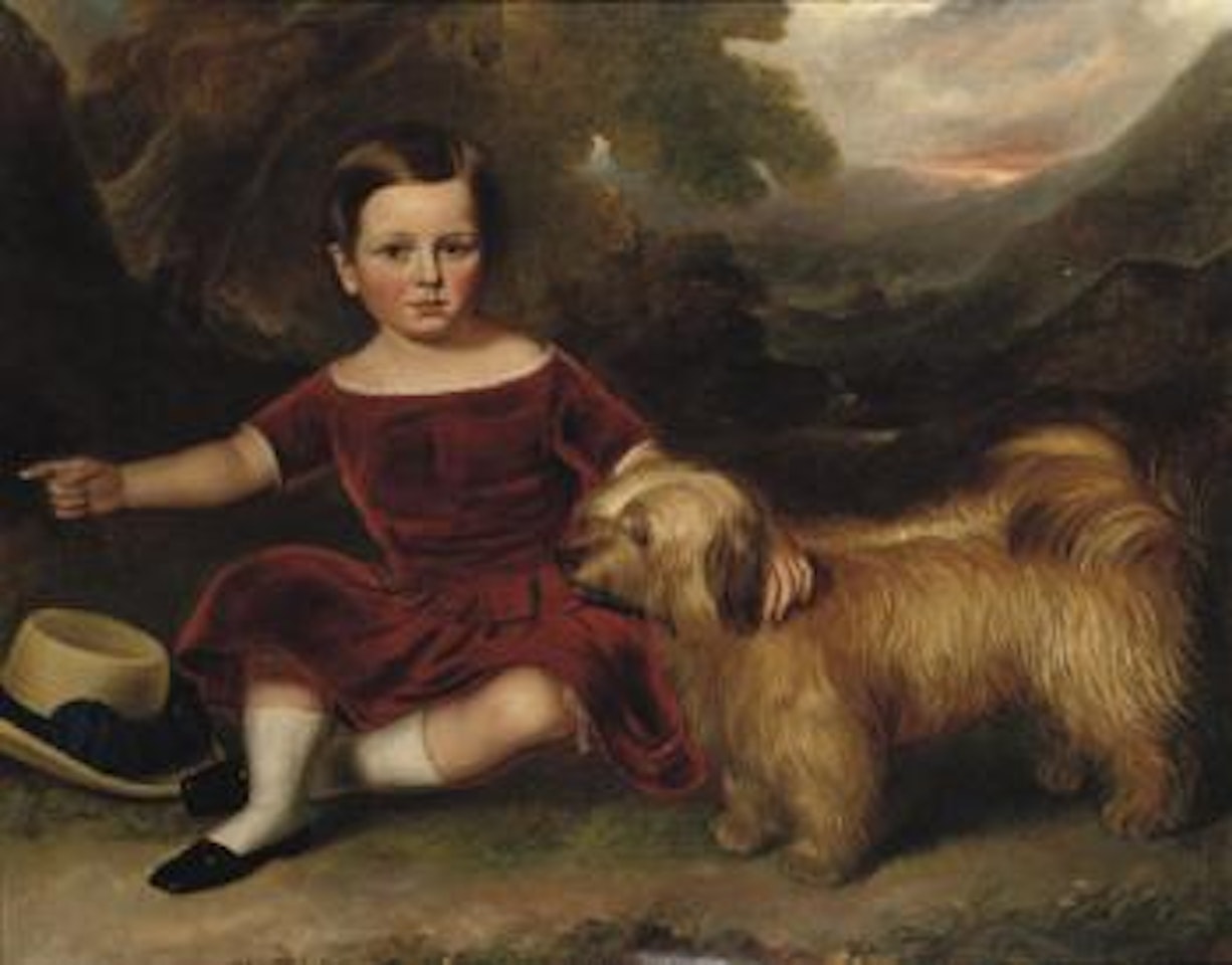 A Boy, seated with his Dandie Dinmont, in a Mountainous Landscape by English School
