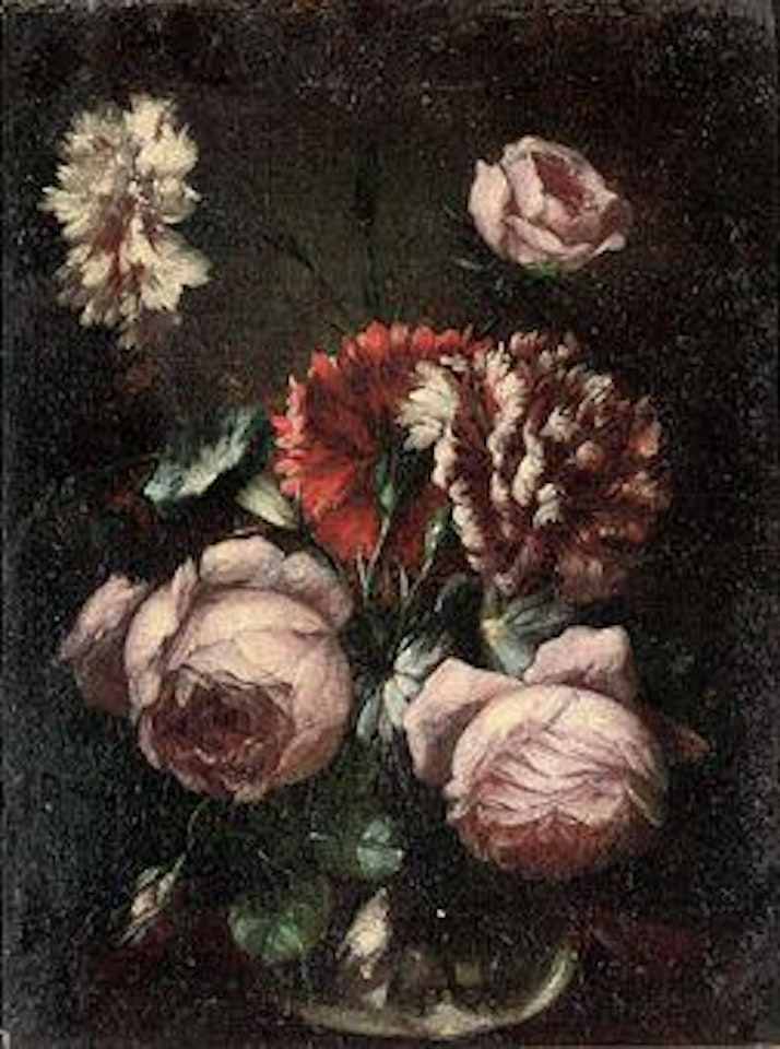 Roses, carnations and convolvulus in a glass vase by Franz Werner von Tamm