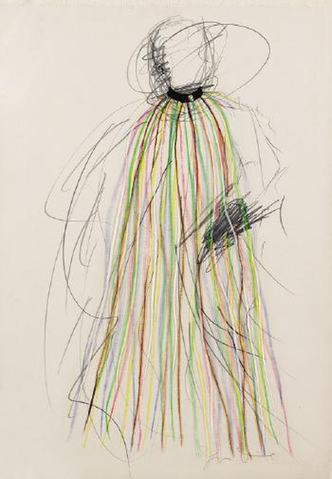 Dorian Gray in multi-coloured vinyl strip cape by Jim Dine