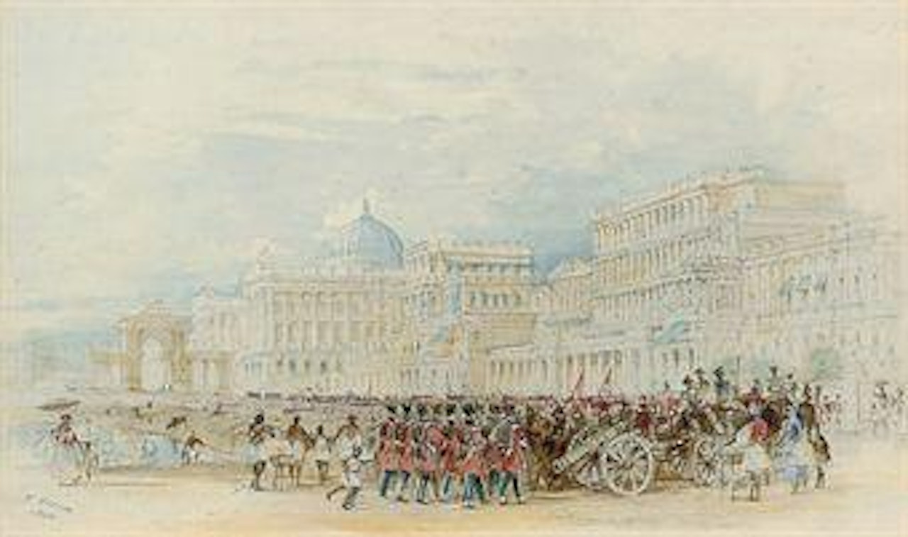 A military parade on the Esplanade, Calcutta by Thomas Allom