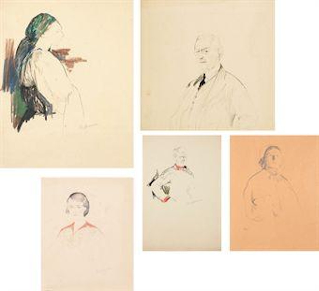 A gentleman in a waistcoat and tie; An officer with a red collar and cuffs; A young woman in a red dress; A woman in a headscarf and necklaces; and A peasant woman in a headscarf by Filip Malyavin