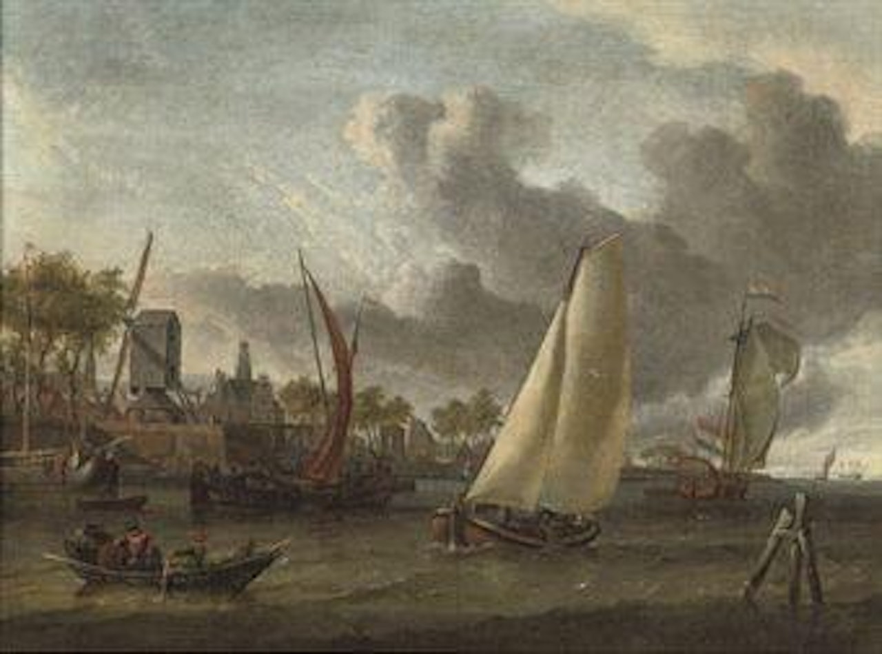 Shipping on the water near a Dutch harbour by Abraham Storck