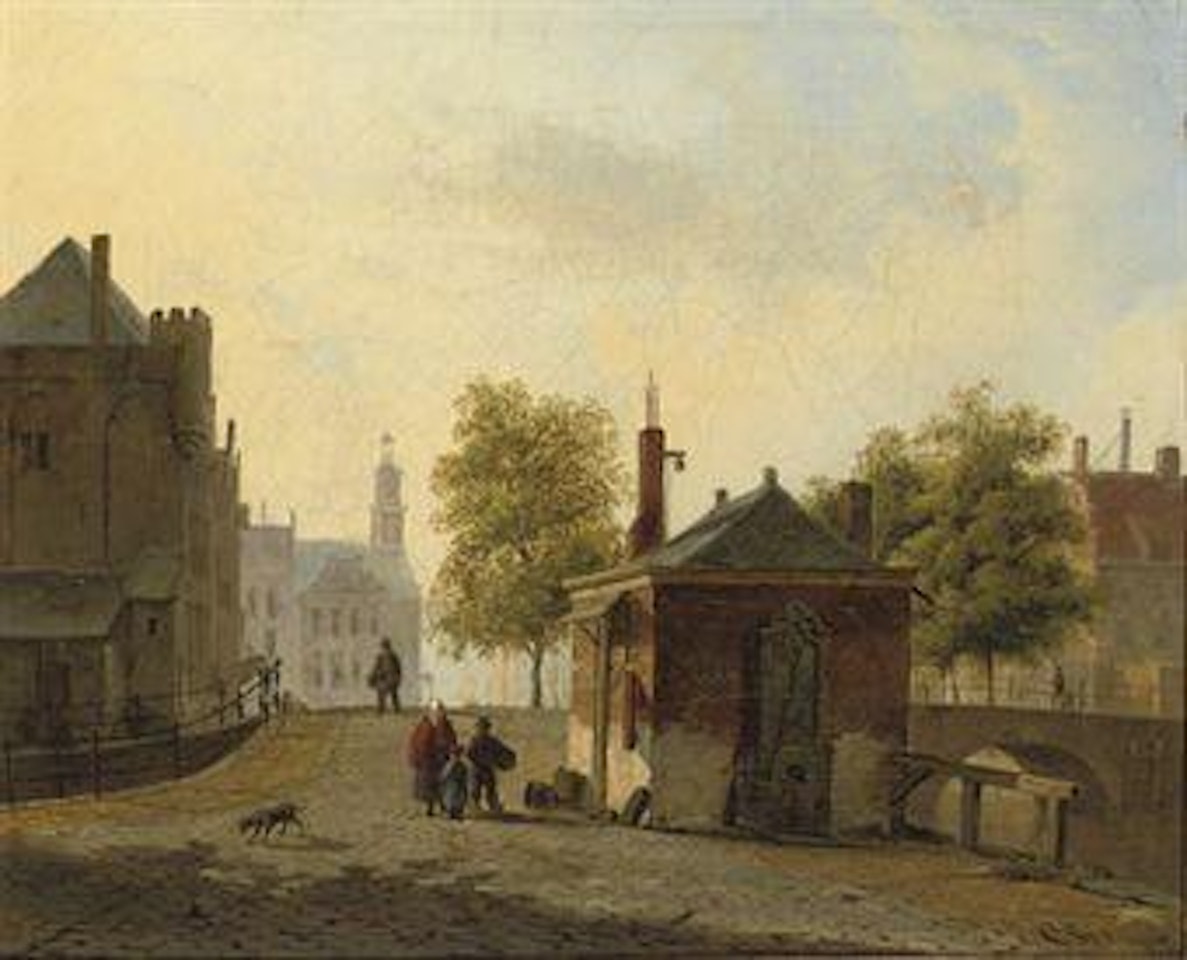 Townspeople in a sunlit Dutch city street by Cornelis Springer