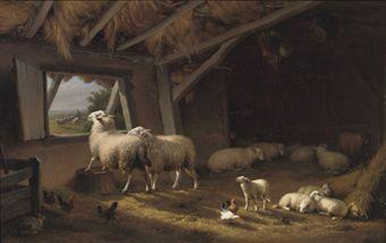 Sheep, chickens and a hare in a barn by Eugène Joseph Verboeckhoven