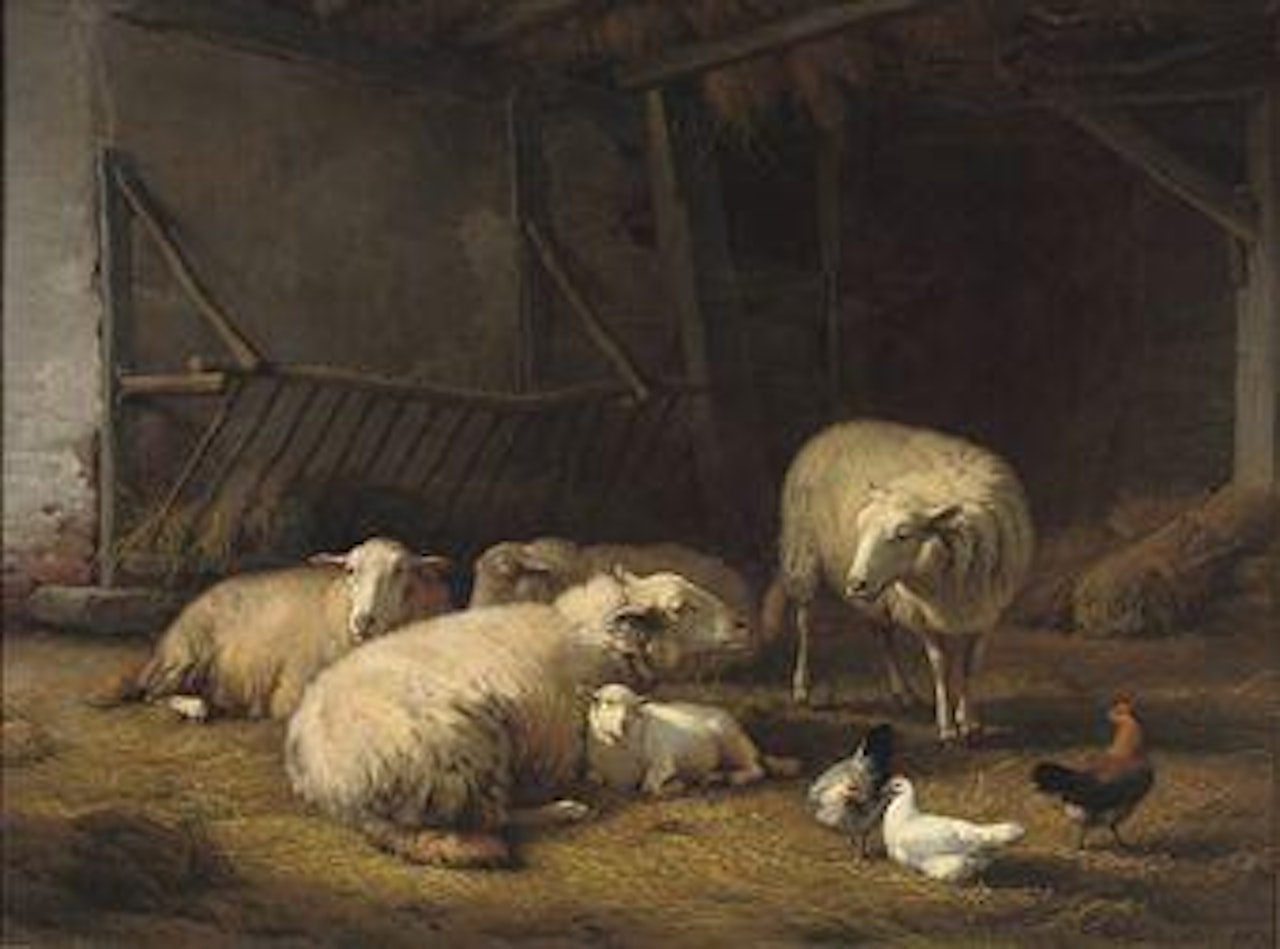 A barn with sheep and chickens by Eugène Joseph Verboeckhoven