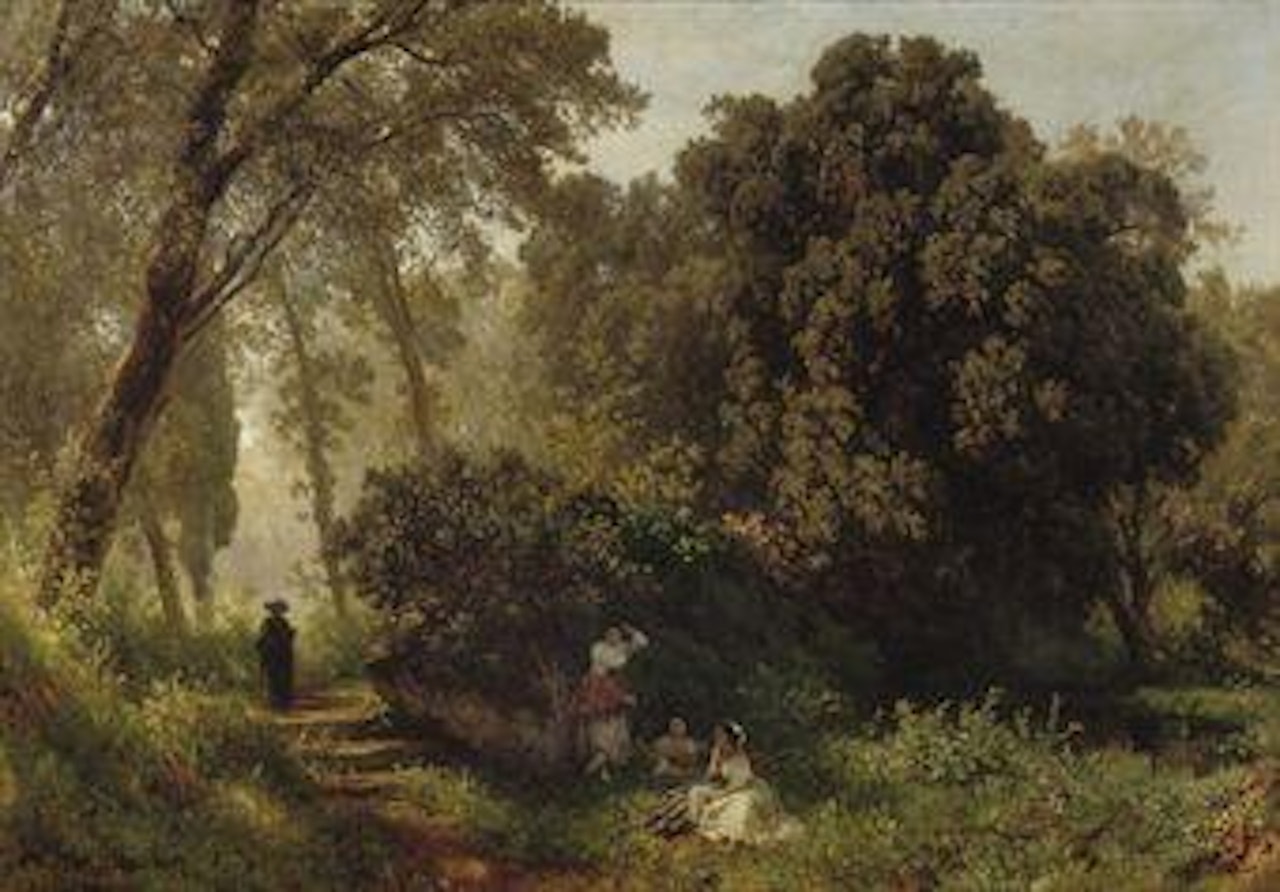 Young woman resting on a sunlit path by Oswald Achenbach