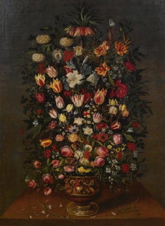 Lilies, tulips, narcissi, roses and other flowers in a bronze urn decorated with a calvary battle, a ladybird and a snail on a table-top by Jan Brueghel the Younger