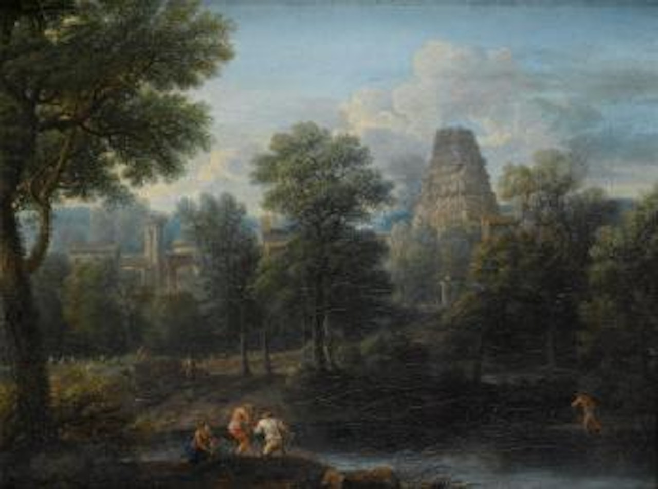An Italianate river landscape with fishermen hauling in their nets by John Wootton