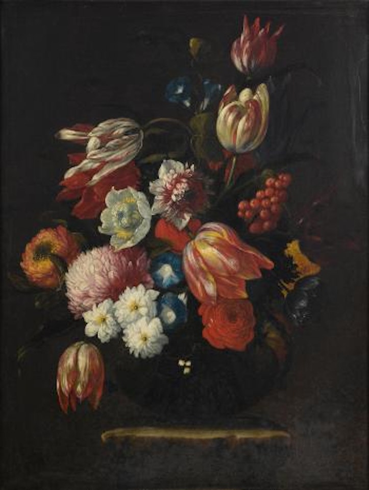 Tulips, roses, narcissi and other flowers in a glass vase on a stone pedestal by Giuseppe Recco