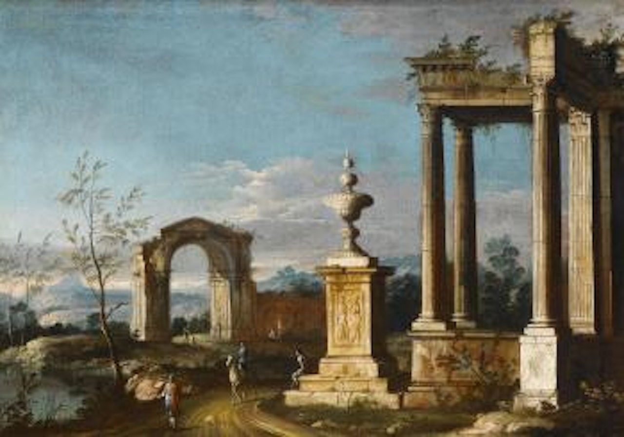 An Italianate landscape with a traveller on horseback before the ruins of a temple by Apollonio Domenichini