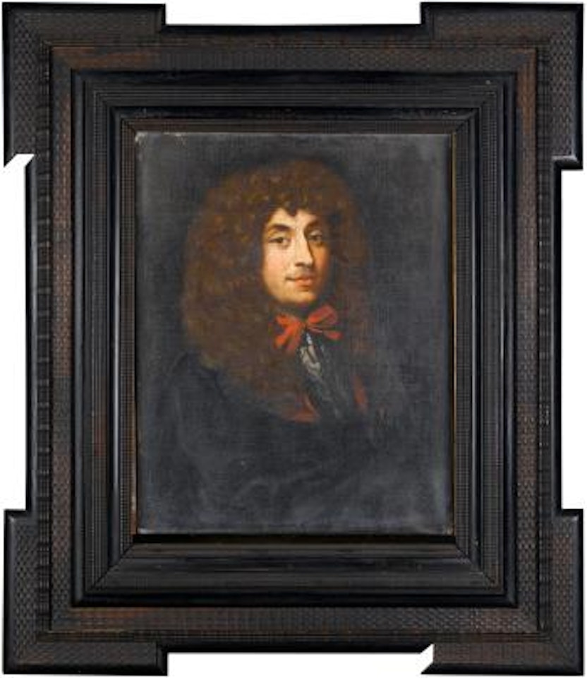 Portrait of a gentleman, bust-length, in a red coat with a red bow and a white chemise, and a black mantel by Jacob Ferdinand Voet