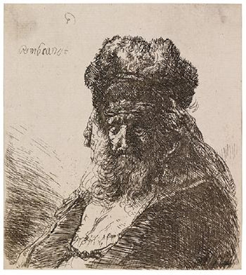 Old Bearded Man in a High Fur Cap, with Eyes Closed (Bartsch 290; Biörklund 35-3; Hollstein 290) by Attributed to Rembrandt Harmensz van Rijn