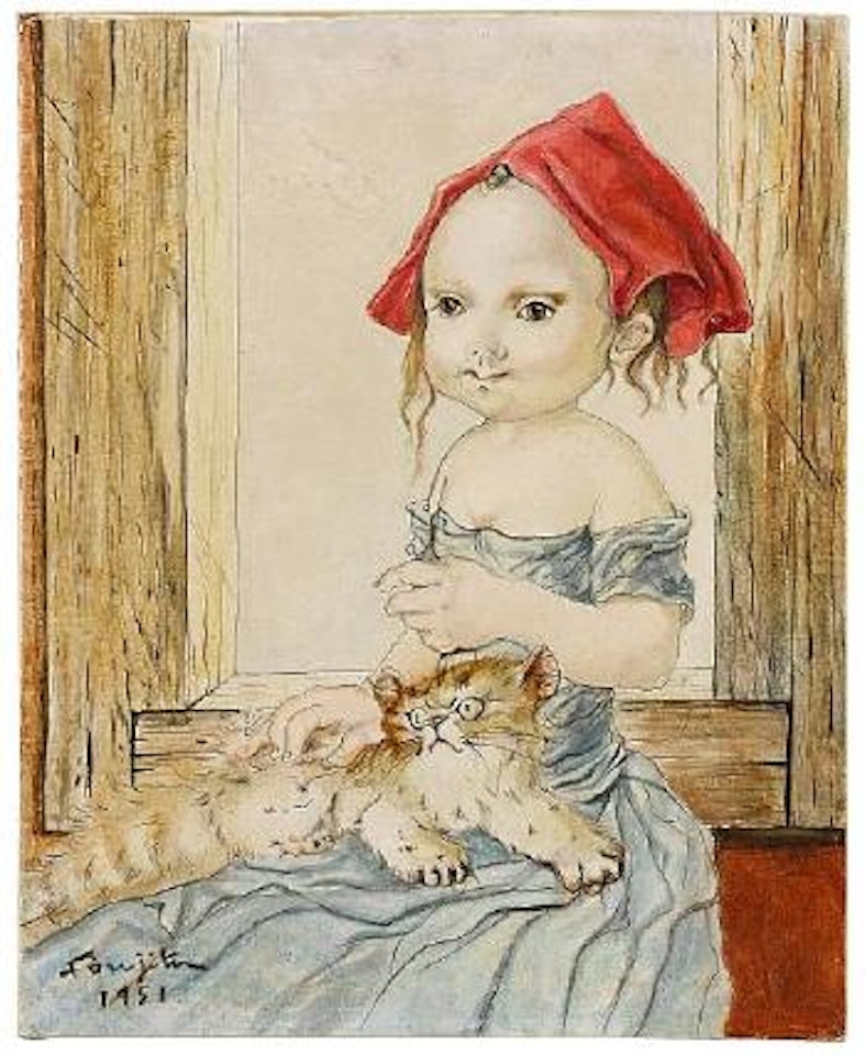 Young girl with cat by Leonard Tsuguharu Foujita