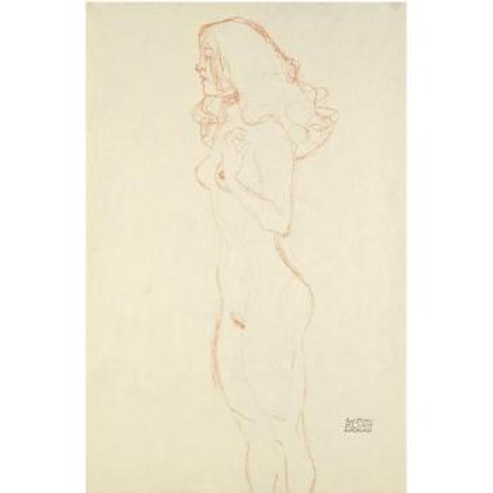 Stehender Mädchenakt mit langen Haaren, Halsband, die linke Hand an der Schulter (Standing female nude with long hair, necklace, her left hand on the shoulder) by Gustav Klimt