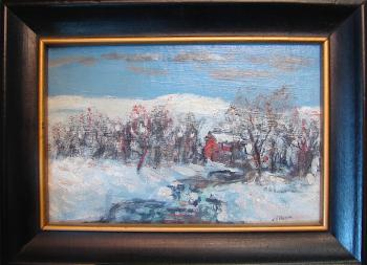 Snow landscape with red barn by Walter Emerson Baum