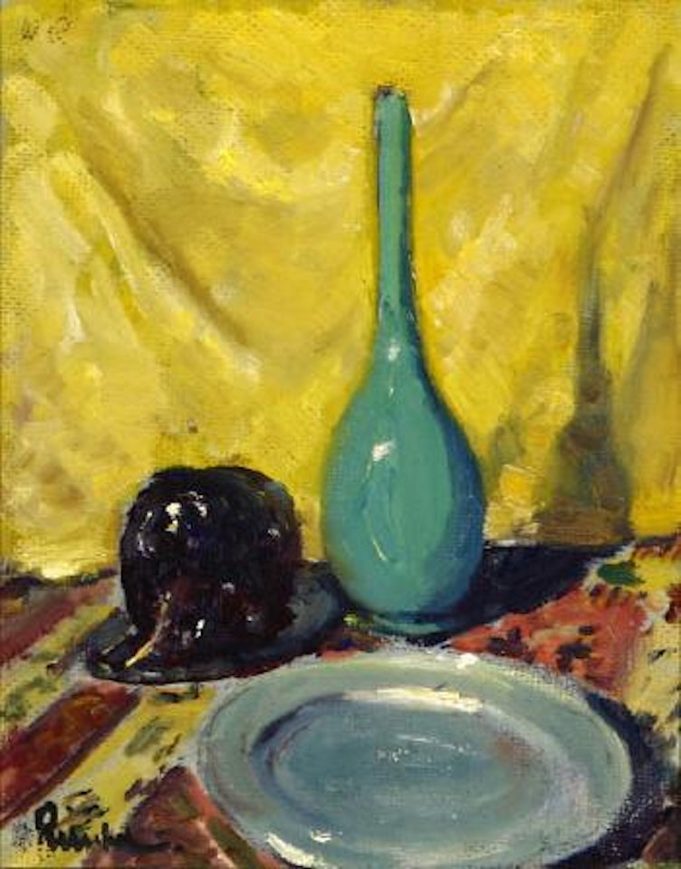 Still life, green bud vase, plate and eggplant on a patterned cloth by William Ritschel
