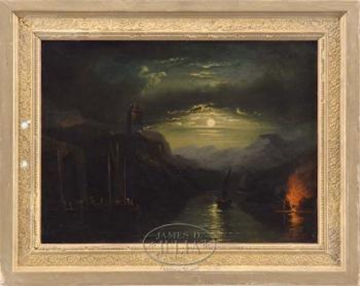 Moonlight campfire on the river by Henry Pether