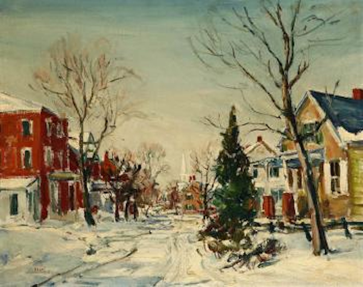 Milford Square, winter village scene by Walter Emerson Baum