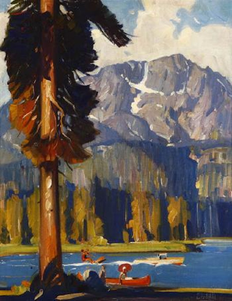 Figures playing water sports on a mountain lake by Maurice Logan