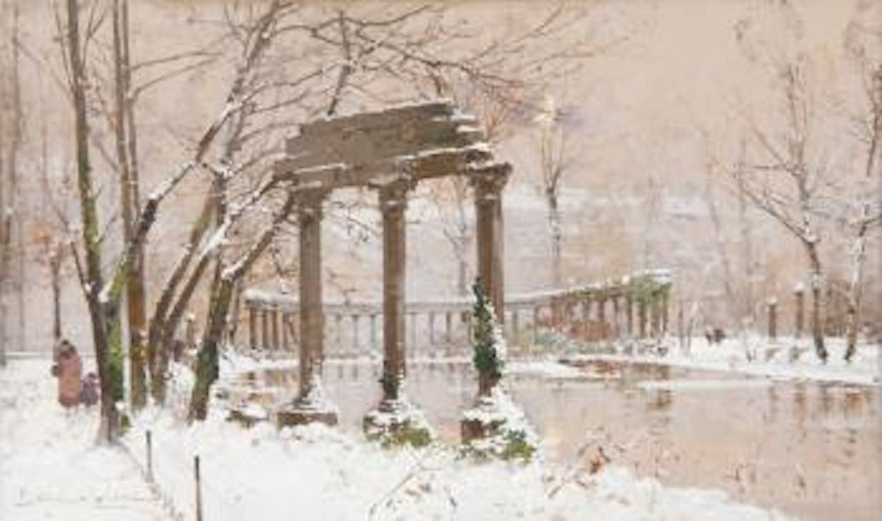 Le parc Monceau sous la neige by Eugene Galien-Laloue