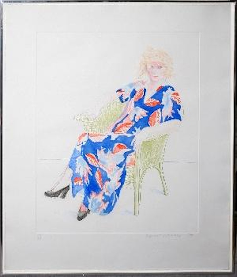 Celia in a wicker chair by David Hockney