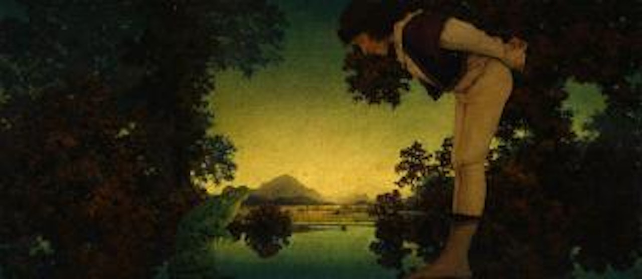 Heading for The Knave of Hearts, youth talking to a frog by Maxfield Parrish