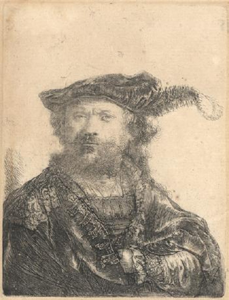 Rembrandt mit dem federgeschmuckten Barett by Attributed to Rembrandt Harmensz van Rijn