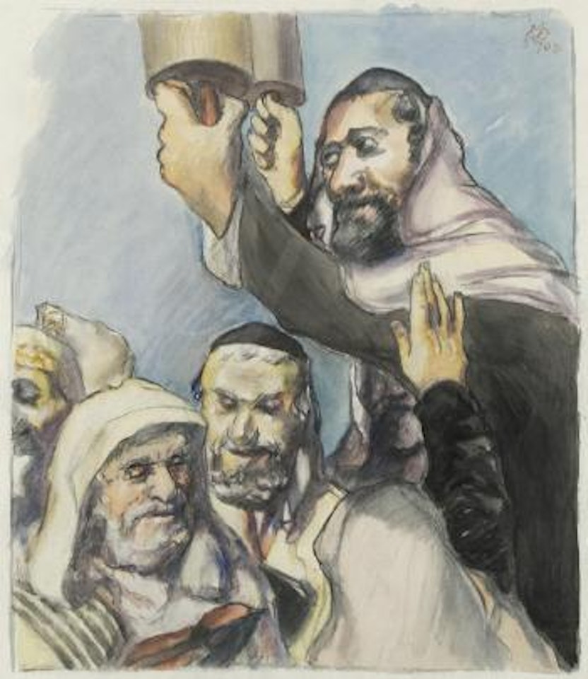 Rabbi beim Emporheben der Thorarollen by Ludwig Meidner