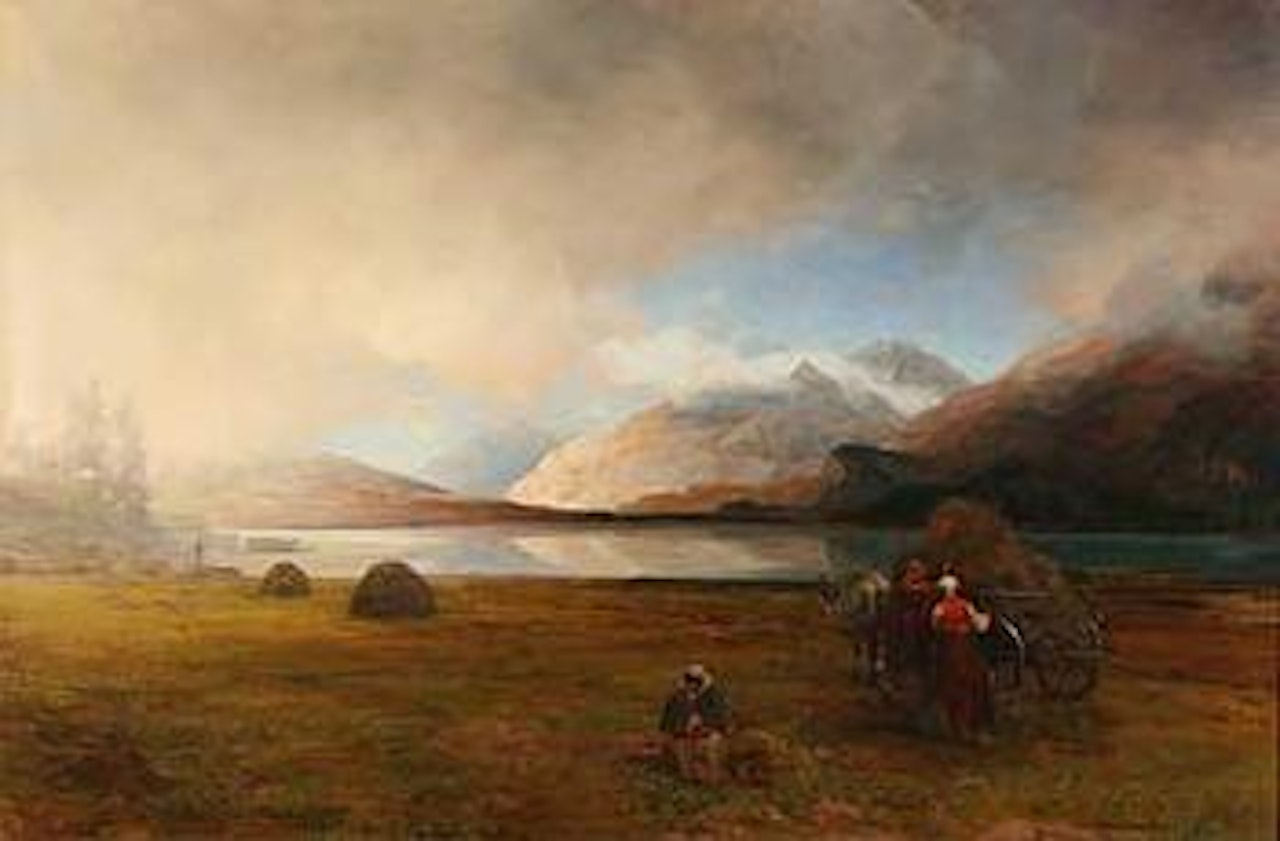Ausfreissender Himmel uber Heuernte am Ufer aeines Hochgebirgssees by Oswald Achenbach