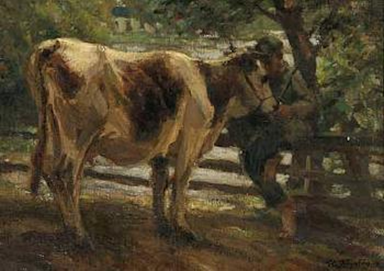 Bauer udn Kuh vor teich mit Gehoft by Heinrich von Zugel