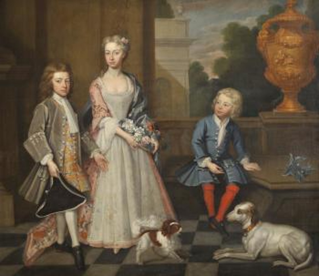 Portrait of the Ambler children, Humphry, Elizabeth and Charles, with their dogs, standing on a terrace with buildings in a parkland setting by Joseph Andre Cellony
