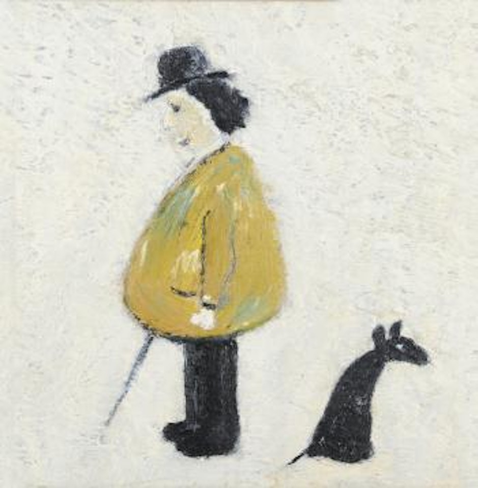 A figure standing wearing a yellow coat and bowler hat, a dog seated nearby by Laurence Stephen Lowry