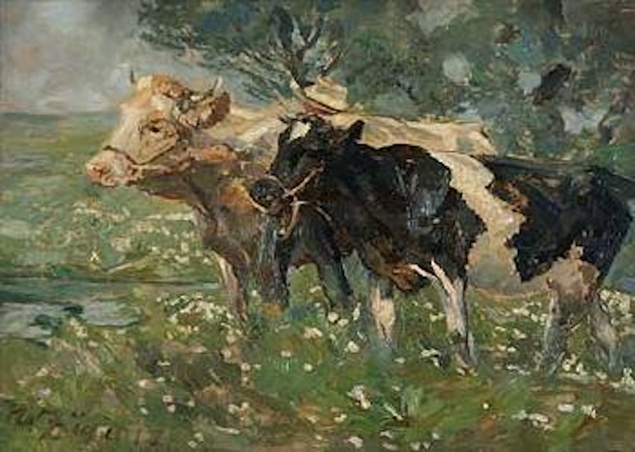 Bauer mit zwei Kuhen am Bach by Heinrich von Zugel