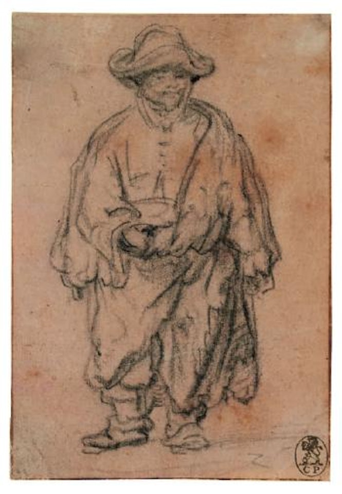 Beggar in brimmed Hat – Stehender Bettler mit Hut, von vorn, in ganzer Figur by Attributed to Rembrandt Harmensz van Rijn