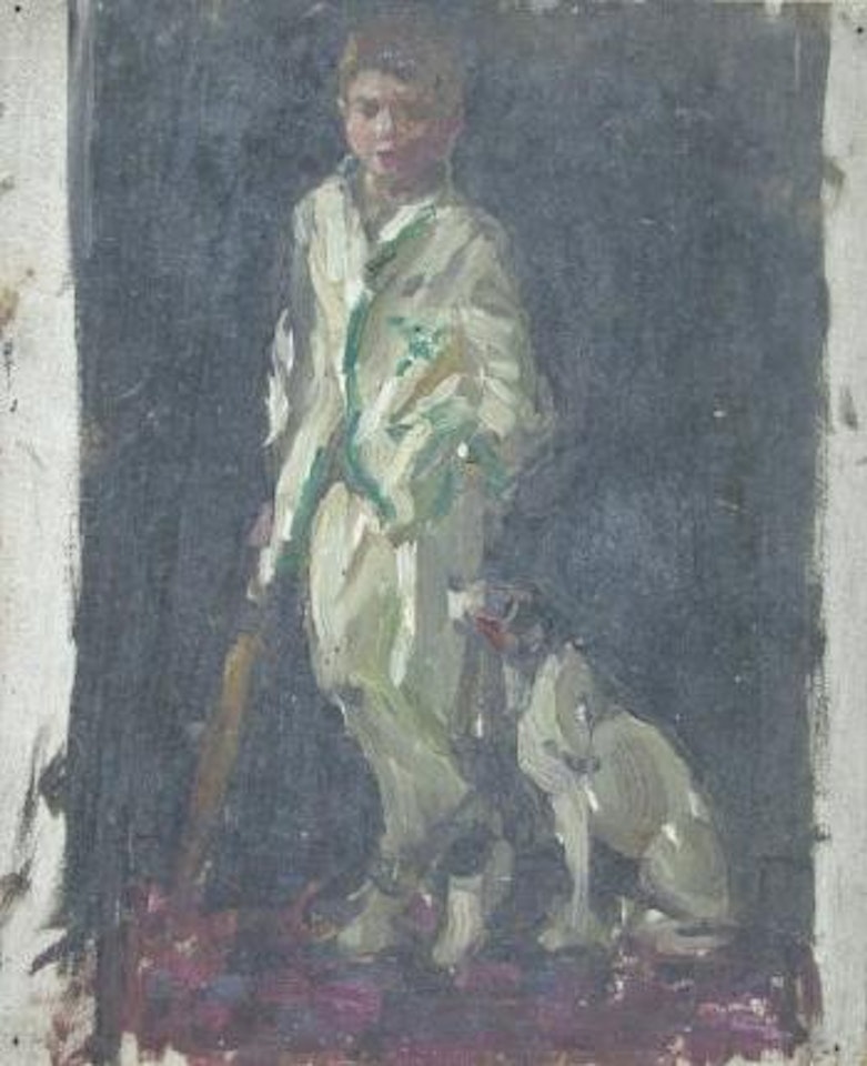 A young cricketer with his dog by Norman Garstin