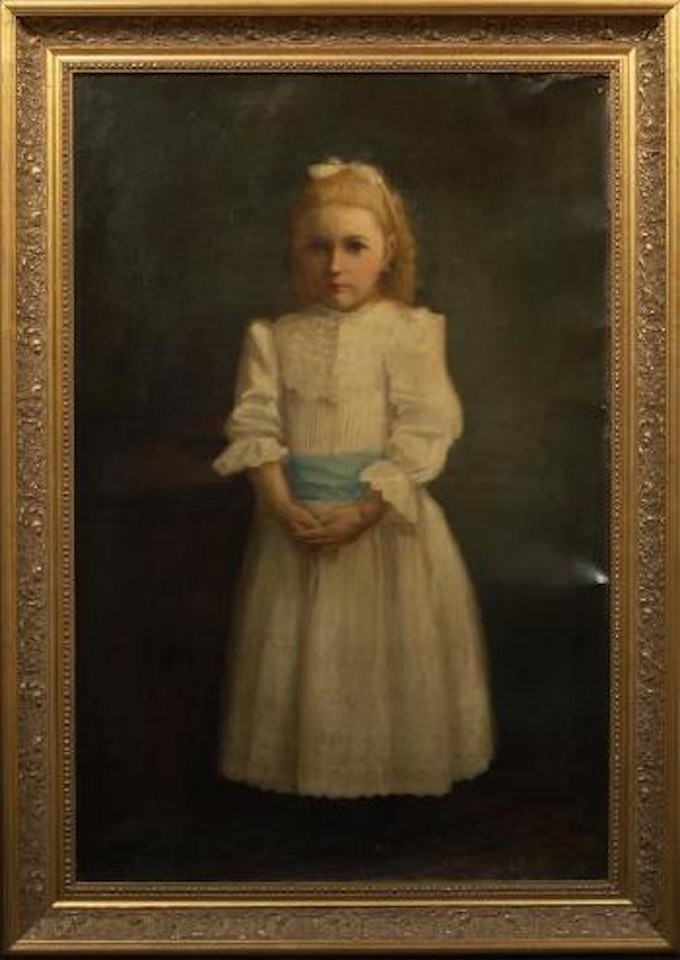 Full length portrait of a girl in a white lace dress with blue silk sash by James Jebusa Shannon