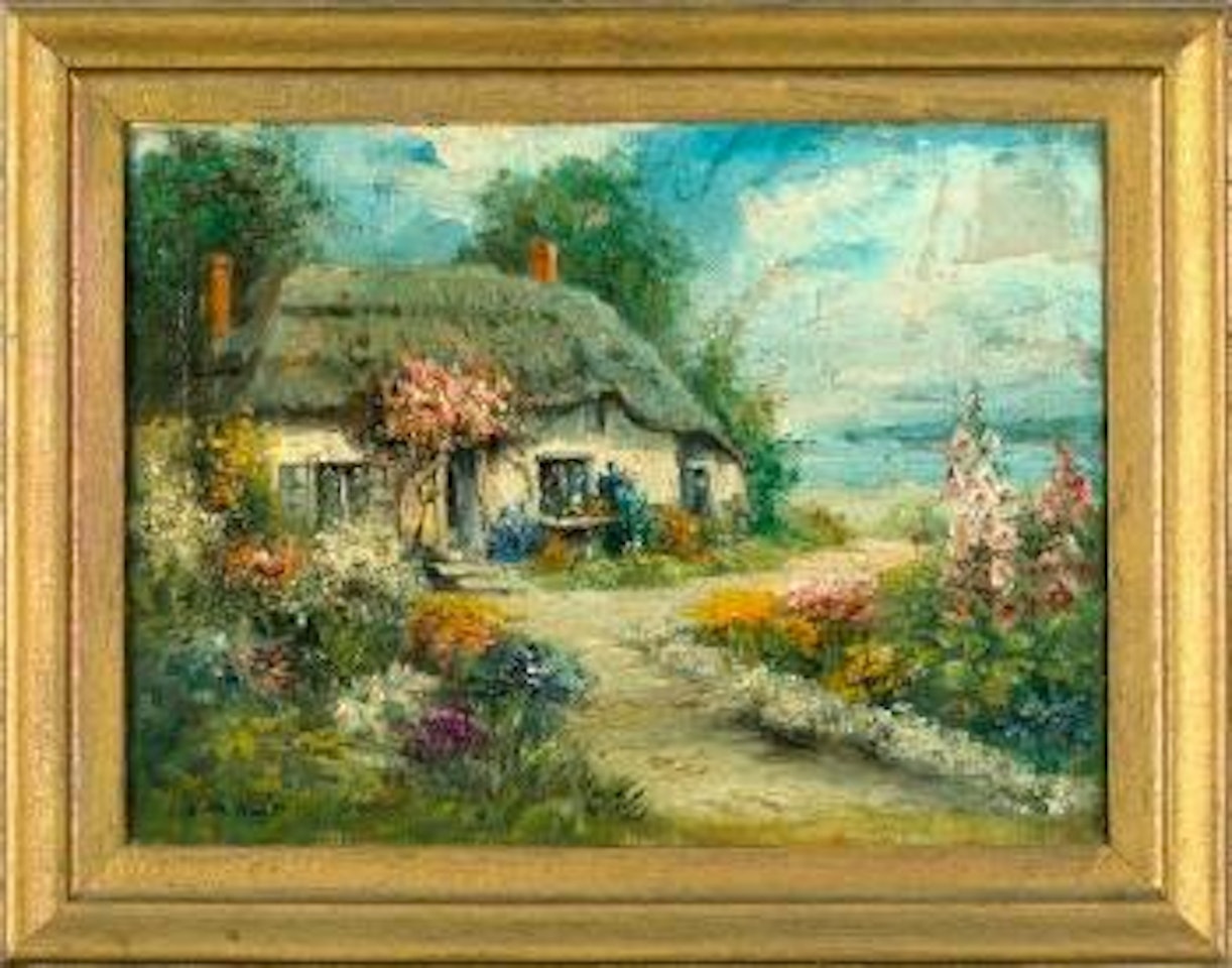 French cottage landscape with lush garden by Louis Aston Knight