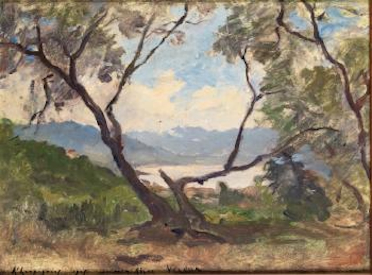 Vue d'un petit lac à travers les arbres by Henri Harpignies
