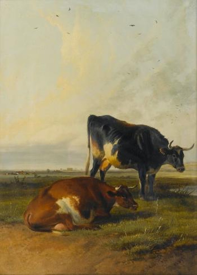 Two cows in a meadow by Thomas Sidney Cooper