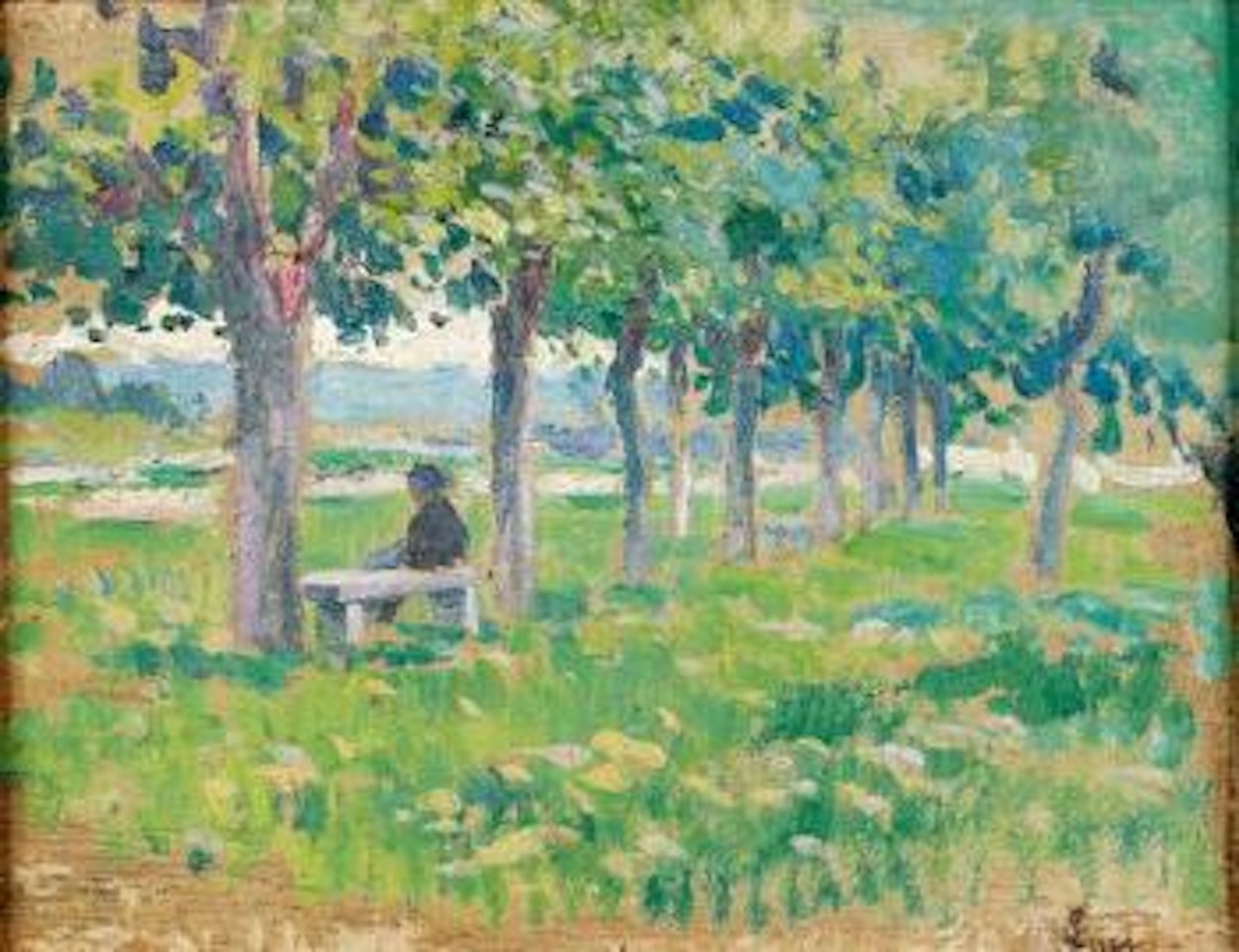 Jeune femme sur un banc dans un paysage by Maximilien Luce