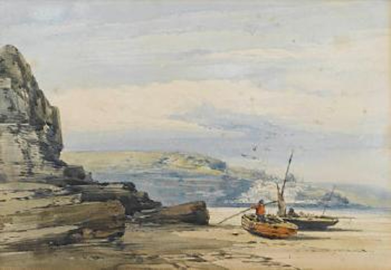 Beached boats in a cove by William Callow