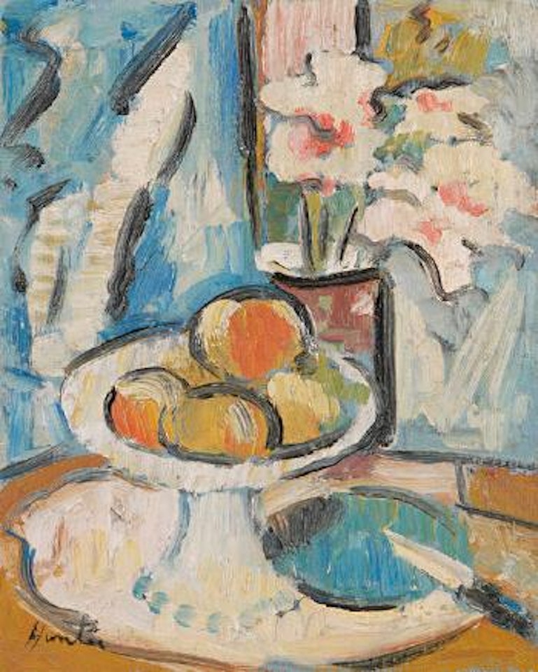 Still life of pink flowers and fruit by George Leslie Hunter