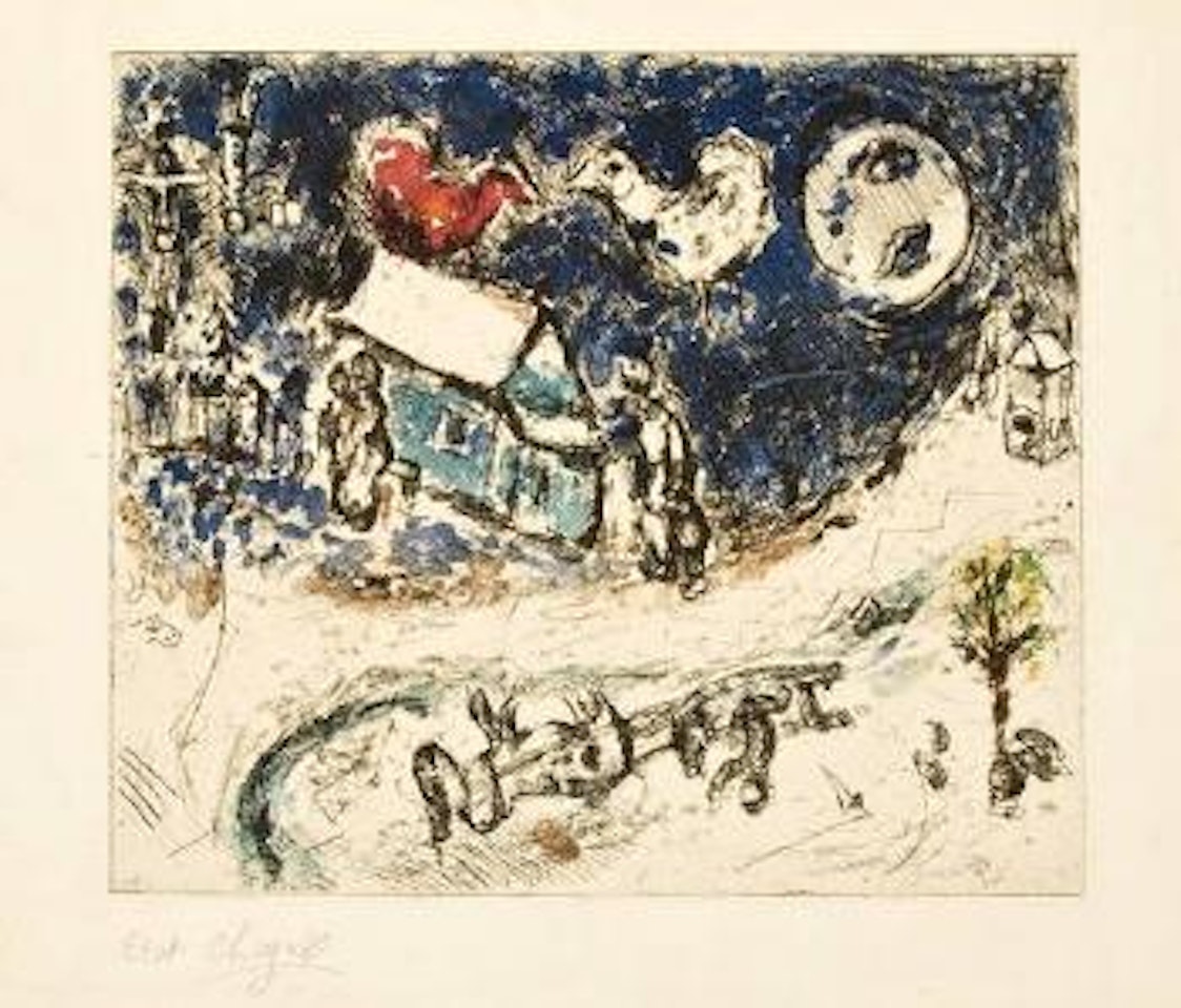 Les coqs sur le toit (c.37) by Marc Chagall