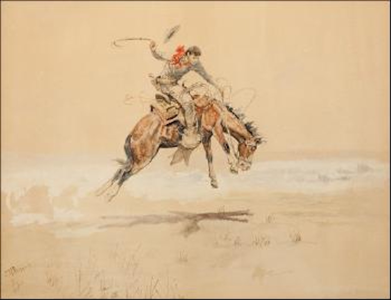 Cowboy on a bucking horse by Charles M Russell