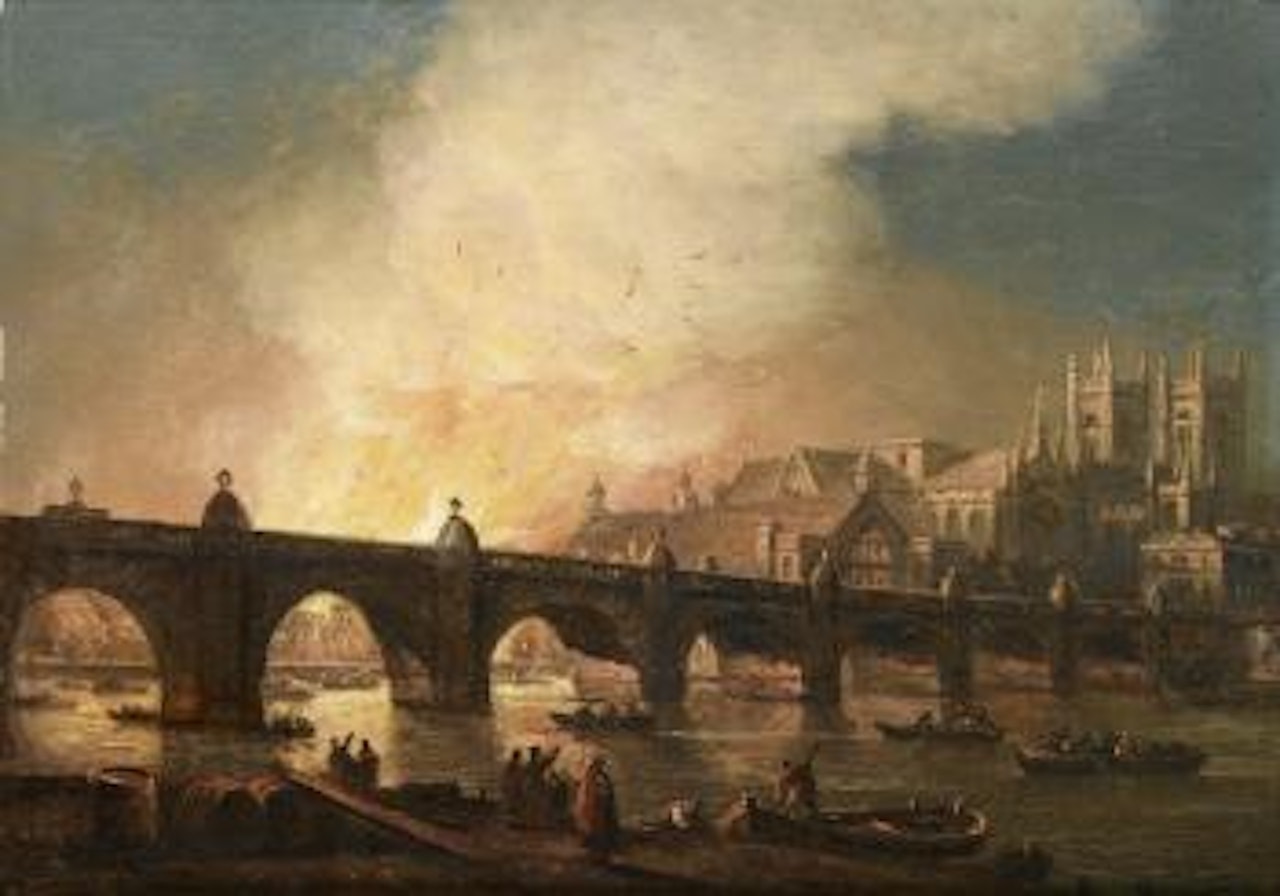 The old Palace of Westminster ablaze on 16th October 1834, a view from the river just below old Westminster Bridge by Thomas Luny