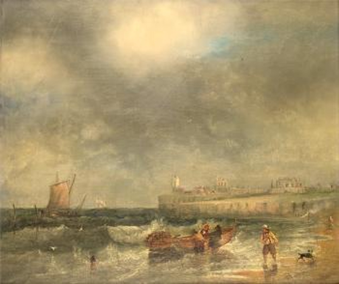 High tide on the beach at Tynemouth, with the lighthouse and the ruins of the old Priory on the headland beyond by John Wilson Carmichael