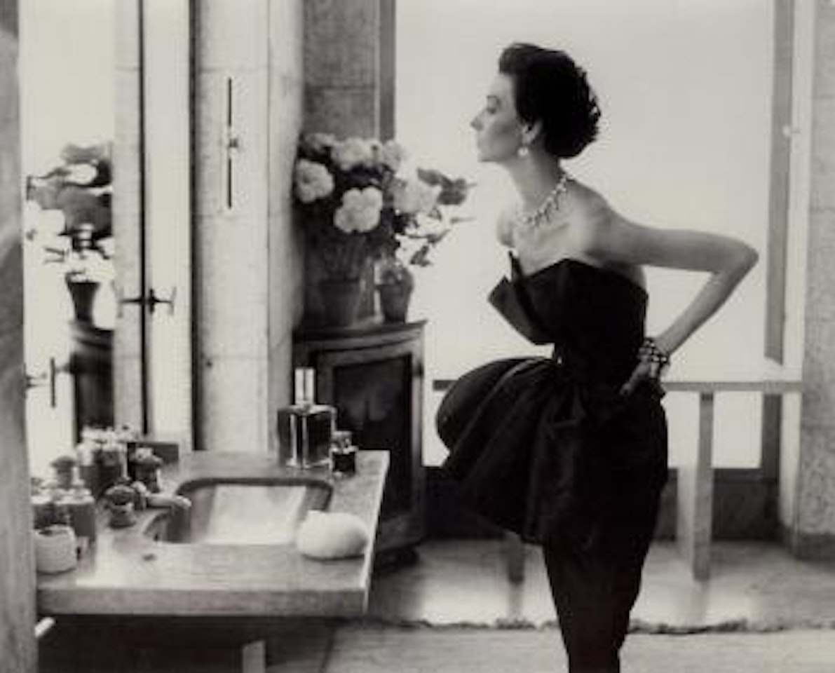 Dorian Leigh, evening dress by Piguet, Helena Rubenstein Apartment, Ile St. Louis, Paris by Richard Avedon