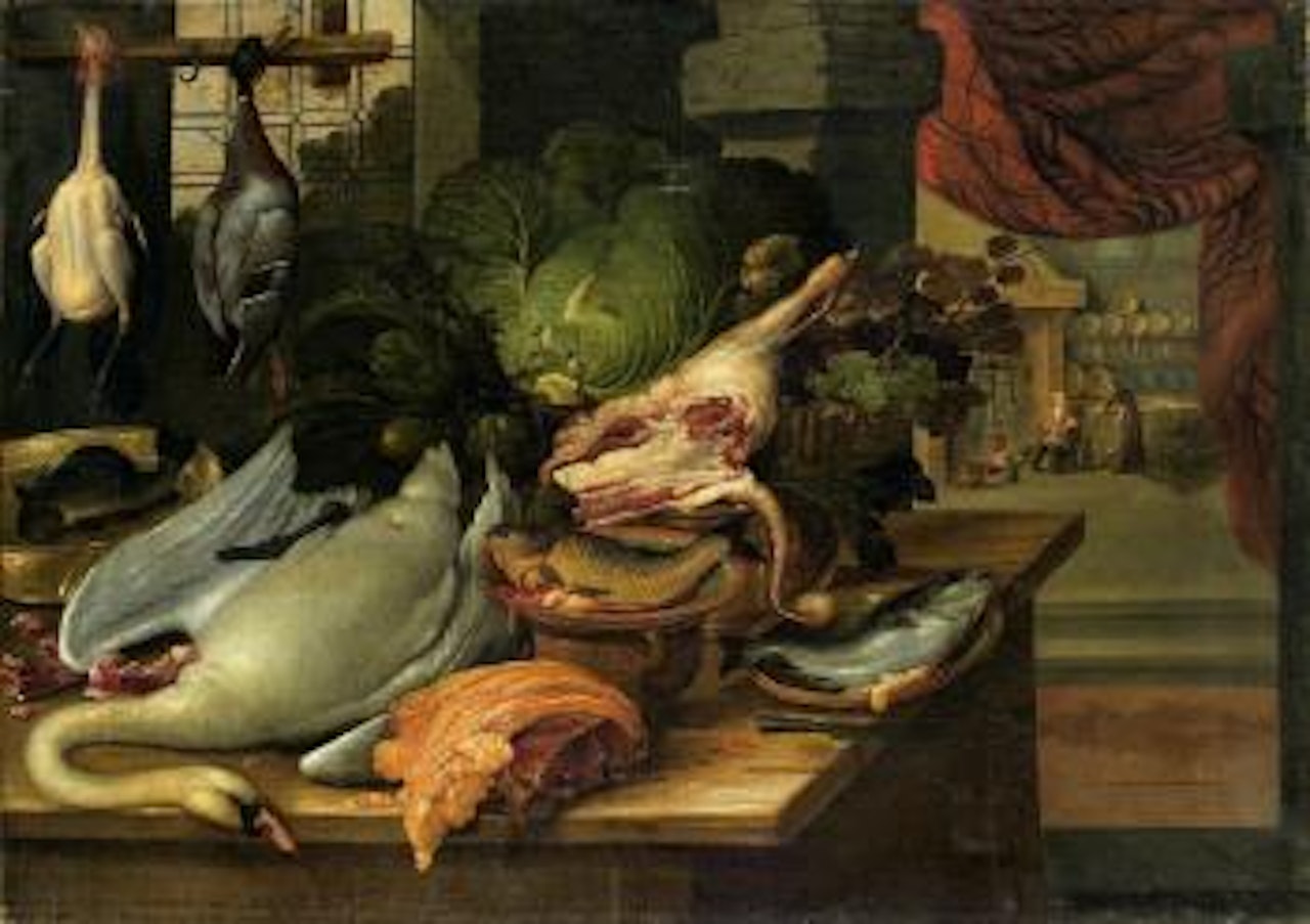Nature morte au cygne et aux canards, dans le fond, deux servantes pres d'une cheminée by Pierre Boucle by Flemish School