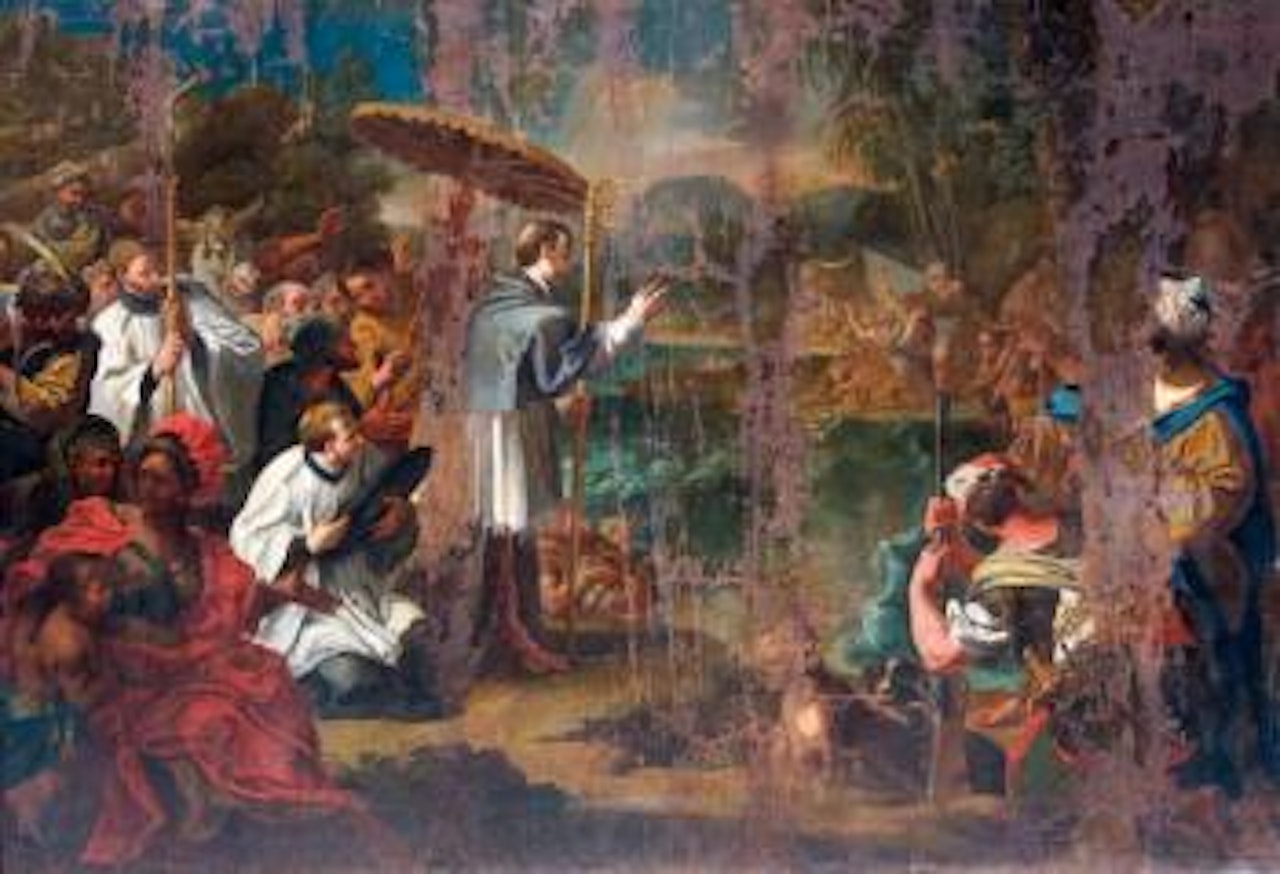 Saint Francois Xavier évangélisant les Paravers, pecheurs de perles pres de Ceylan by Marco Benefial by Roman School