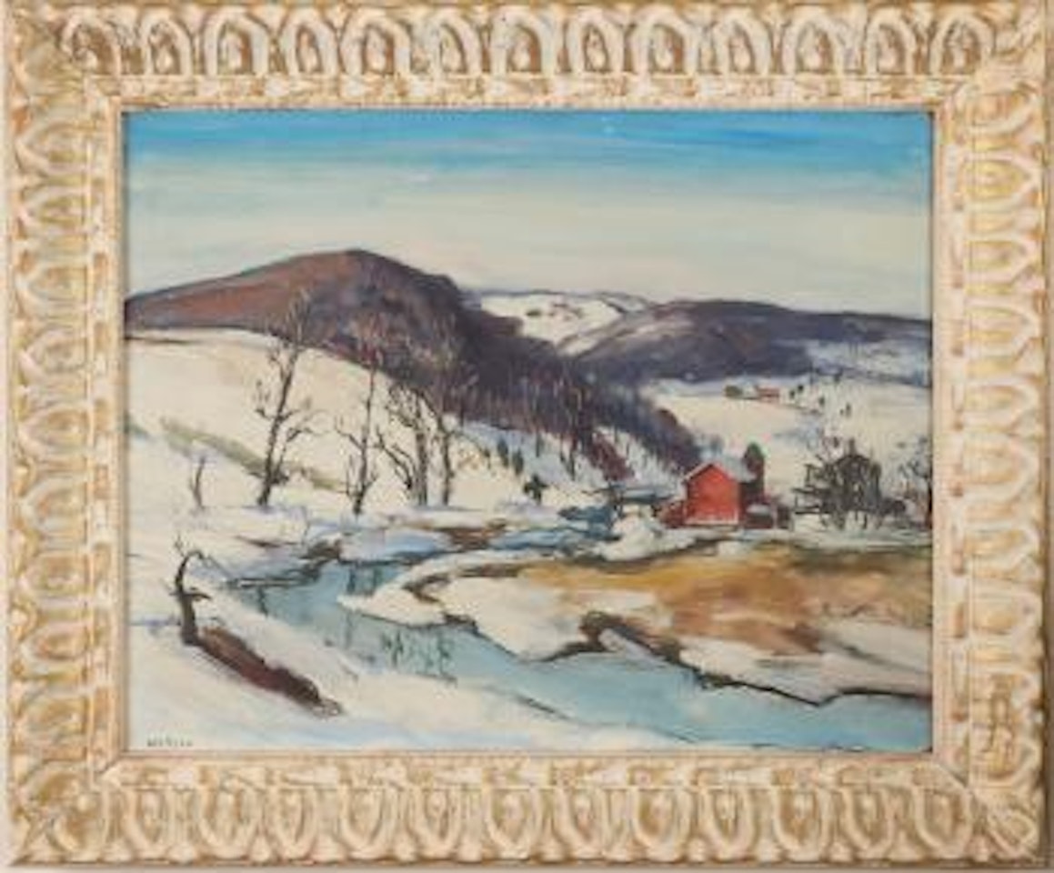Winter landscape with stream and barn by Walter Emerson Baum